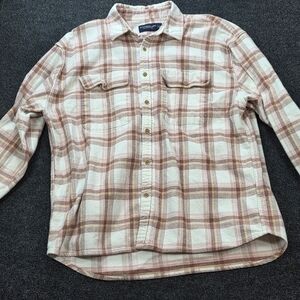 ​Abercrombie & Fitch 90s Oversized Shirt L Flannel Tan Pink Plaid Shacket Grunge
